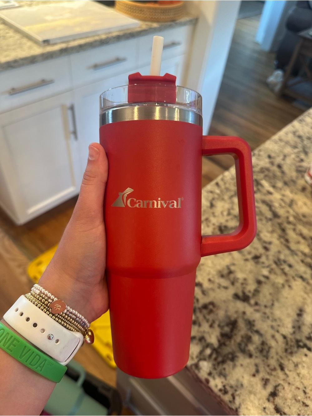 Carnival Red Insulated Travel Mug with Handle and Straw